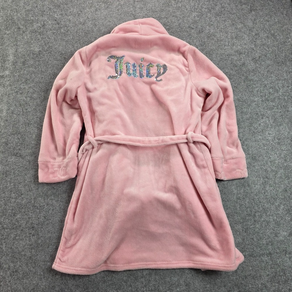 Juicy Couture Pink Fleece Hooded Robe Sequin Logo Sleepwear L/XL Pink Loungewear - Picture 7 of 9